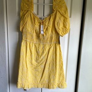 New York & Company Yellow Embroidered Puff-Sleeve Gingham Dress
